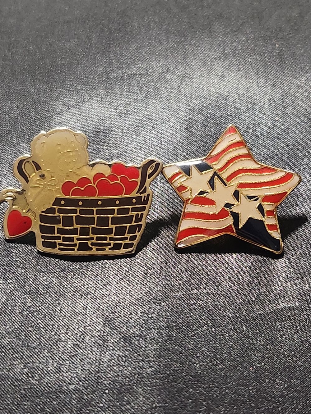 Patriotic Star Pin & Teddy Bear Basket Pin - Red, White, Blue, Gold